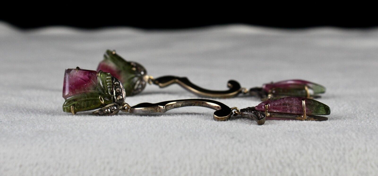 NATURAL MULTI TOURMALINE GEMSTONE DIAMOND 18K GOLD 925 SILVER VICTORIAN EARRING