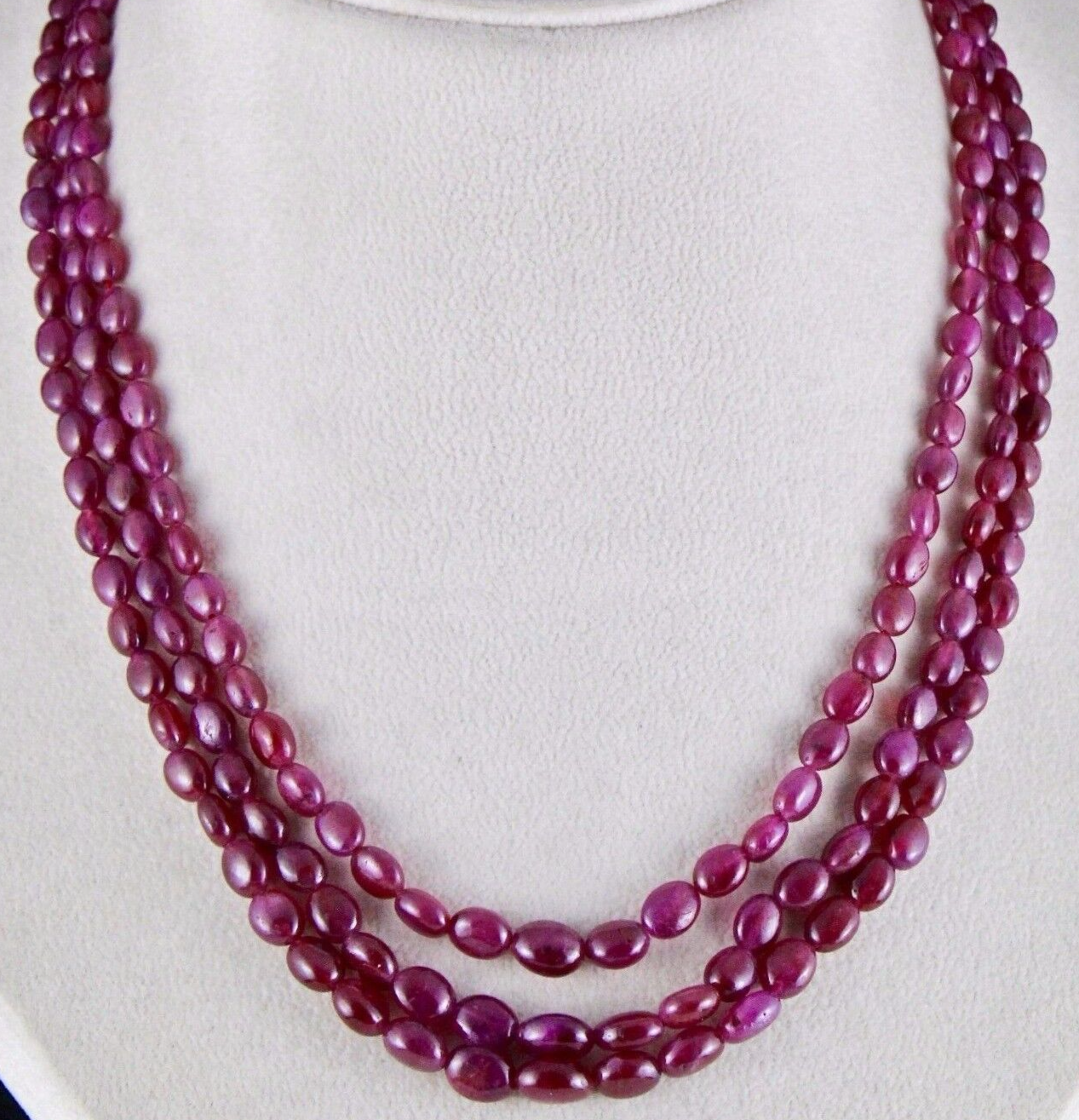 NATURAL UNTREATED RUBY BEADS LONG CABOCHON 3 LINE 318 CTS GEMSTONE NECKLACE