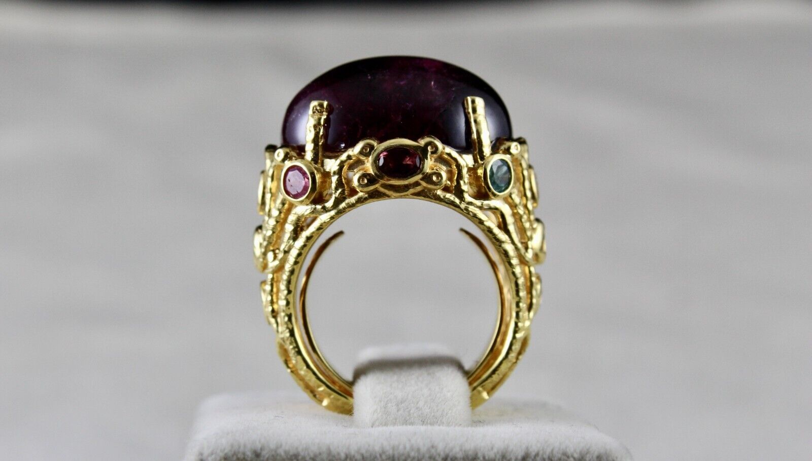 UNIQUE NATURAL PINK TOURMALINE CABOCHON CUT CARVED SILVER GOLD PLATED RING