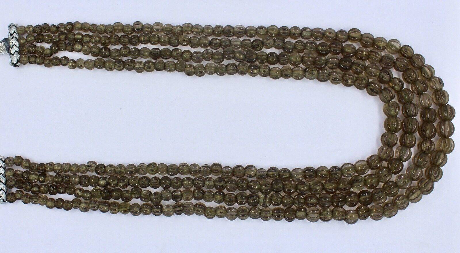 Natural Smoky Quartz Beads Carved Melon 4 L 762 Carats Antique Gemstone Necklace