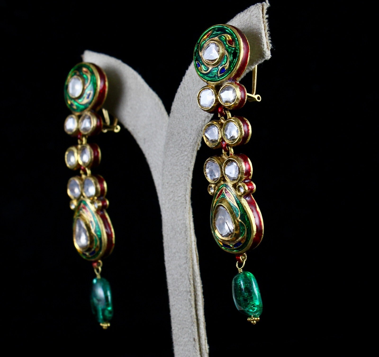 Certified Old Natural Diamond Cut Emerald 22k Gold Jadau Dangle Earrings 152.5ct