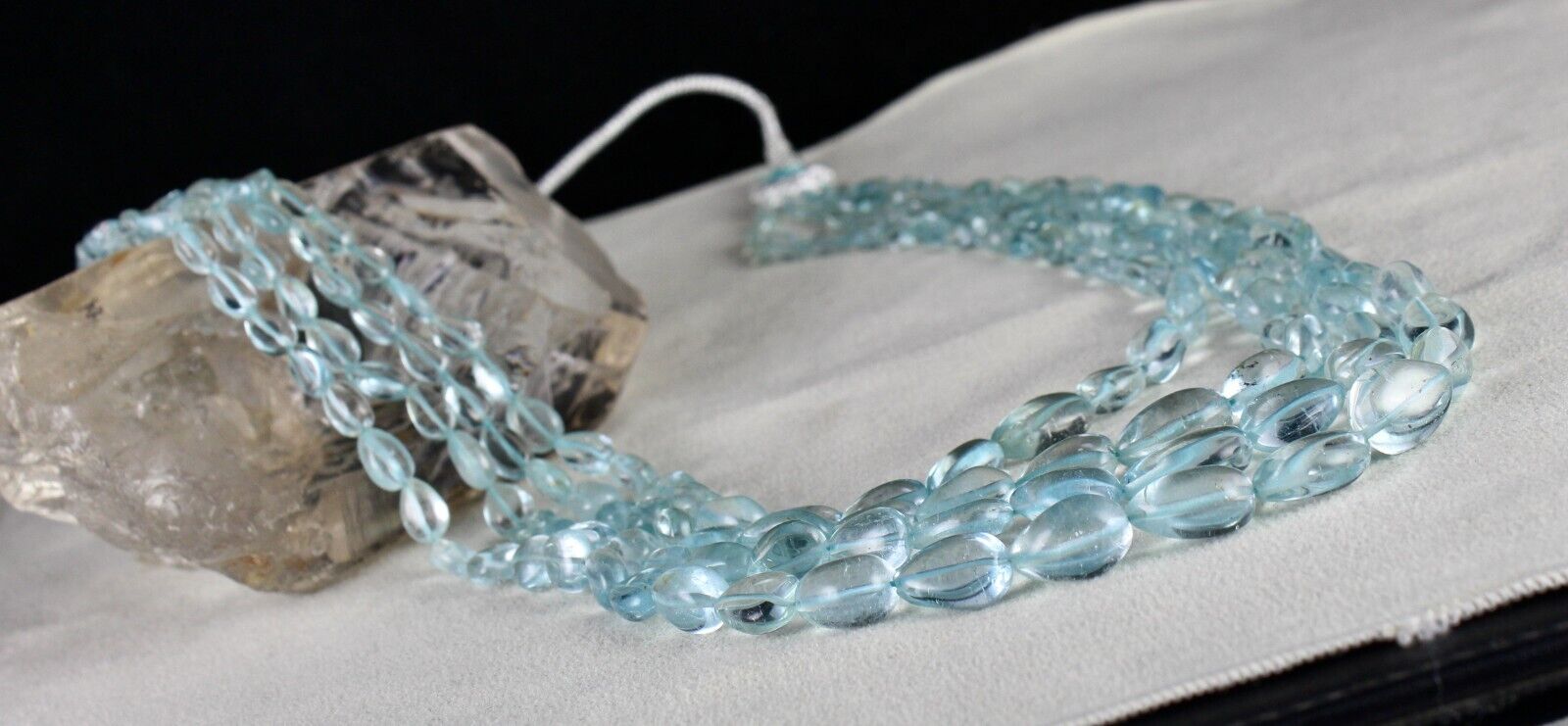 NATURAL BLUE TOPAZ BEADS DROPS 4 LINE 613 CARATS GEMSTONE BEADED FINE NECKLACE