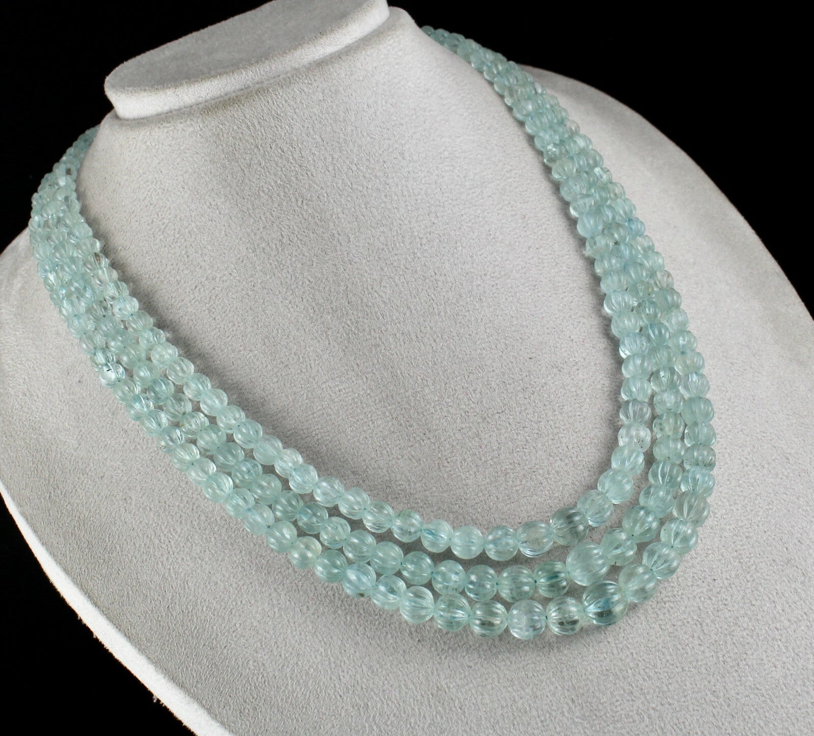 Certified Natural Aquamarine 597 Ct Carved Beads Melon Necklace For Women