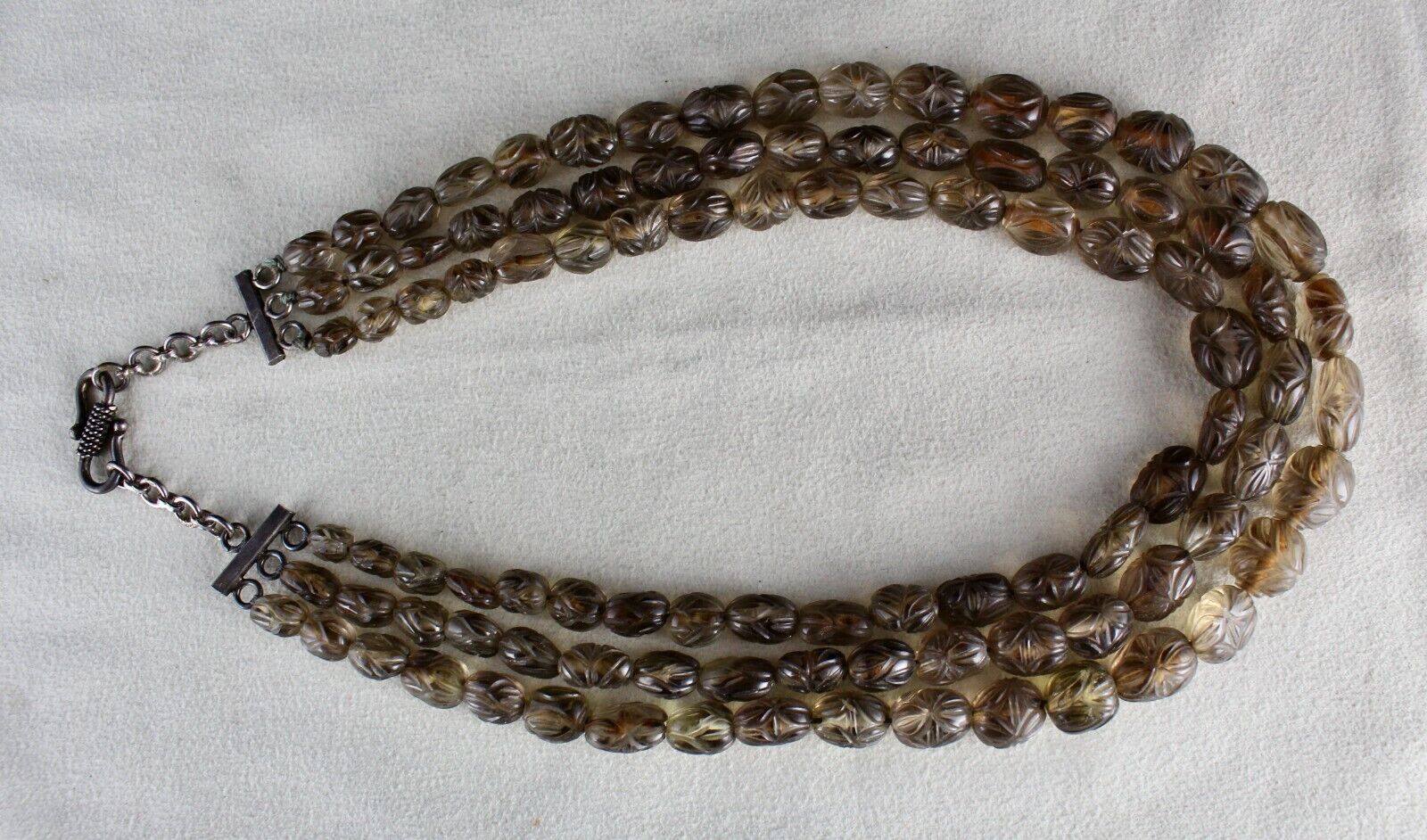 NATURAL SMOKY QUARTZ BEADS CARVED MELON 3 LINE 746 CARATS GEMSTONE NECKLACE