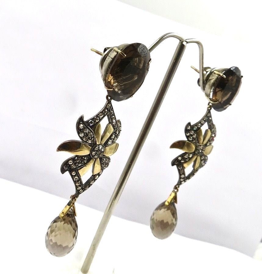 Certified Natural Smoky Quartz 10.00ct Diamond Sterling Silver Earring Victorian