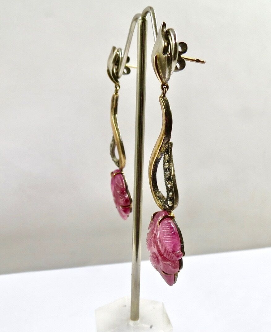 NATURAL PINK TOURMALINE CARVED DIAMOND 18K GOLD 925 SILVER VICTORIAN EARRING