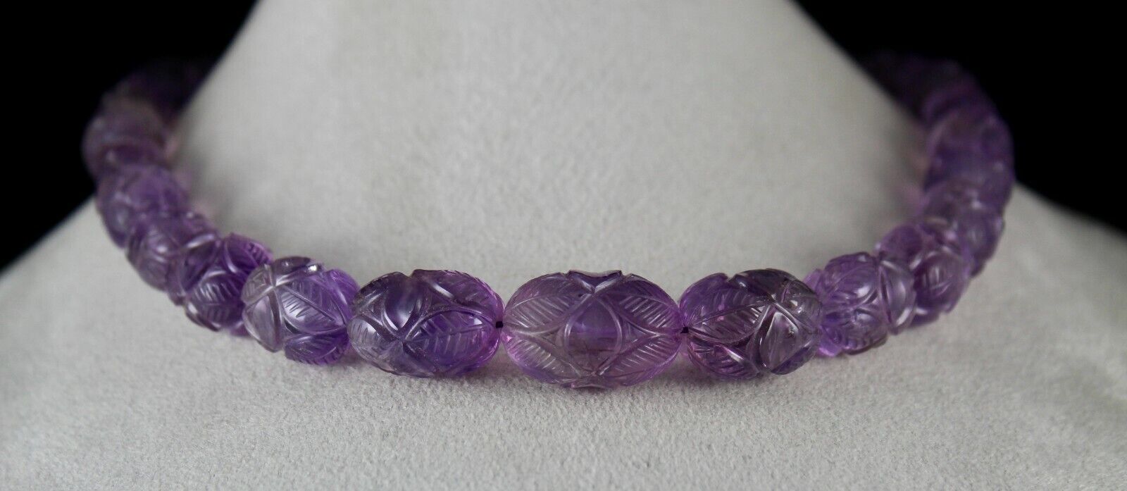 Natural Amethyst Engraved Beads 860 Ct Purple Gemstone Silver Vintage Necklace