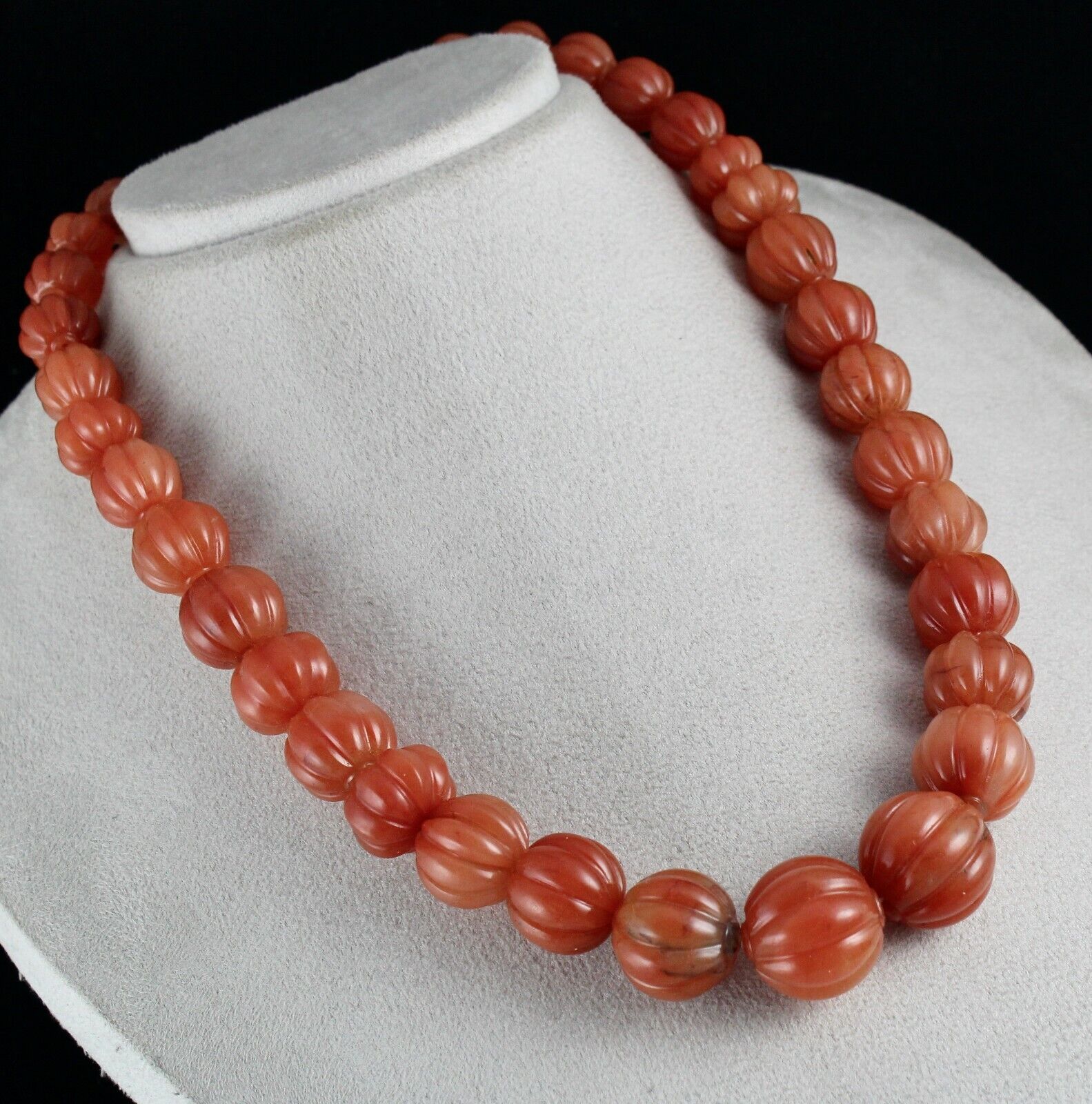 Natural Orange Quartz Carved Melon Beaded Necklace 960 Carats Stone Silver Clasp