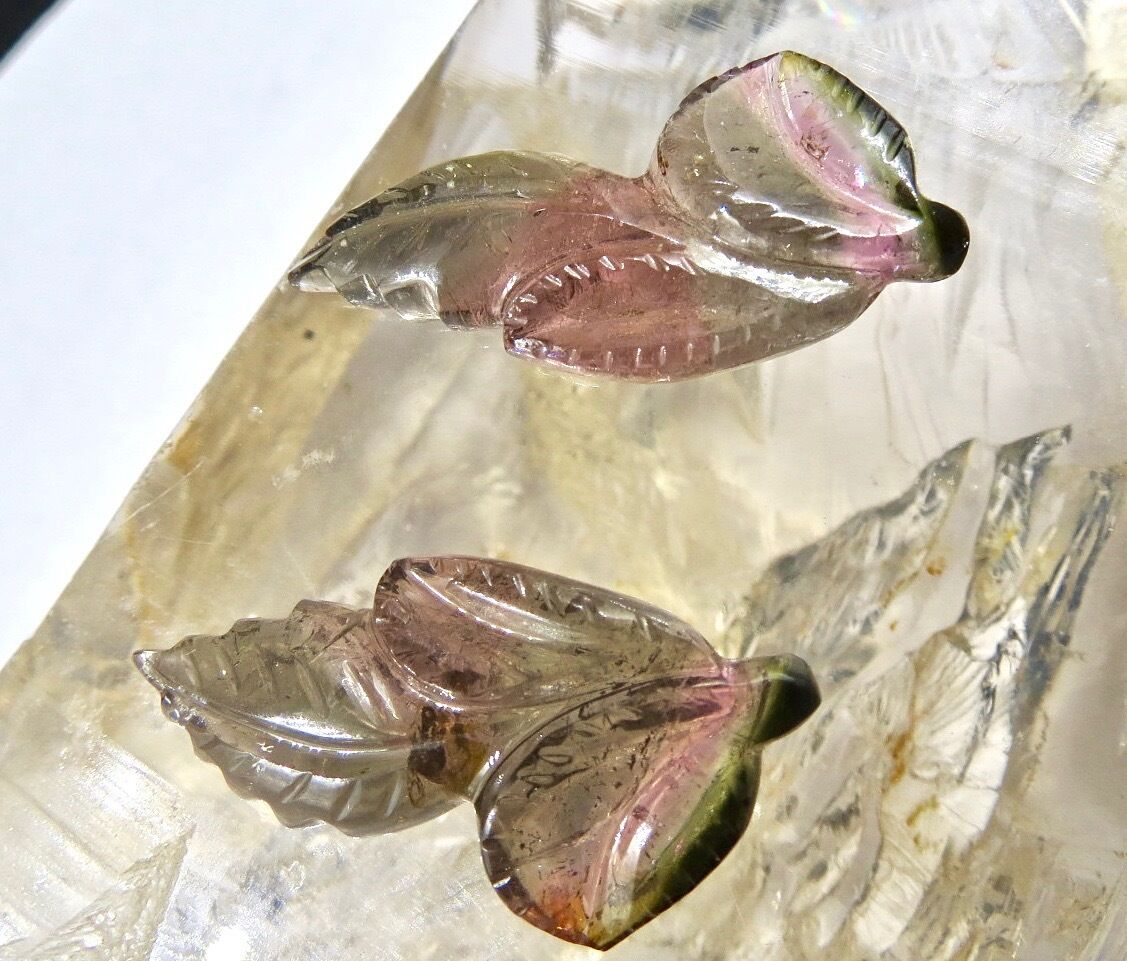 NATURAL MULTI TOURMALINE CARVED LEAVES 2 PCS 35.75 CARATS GEMSTONE EARRING