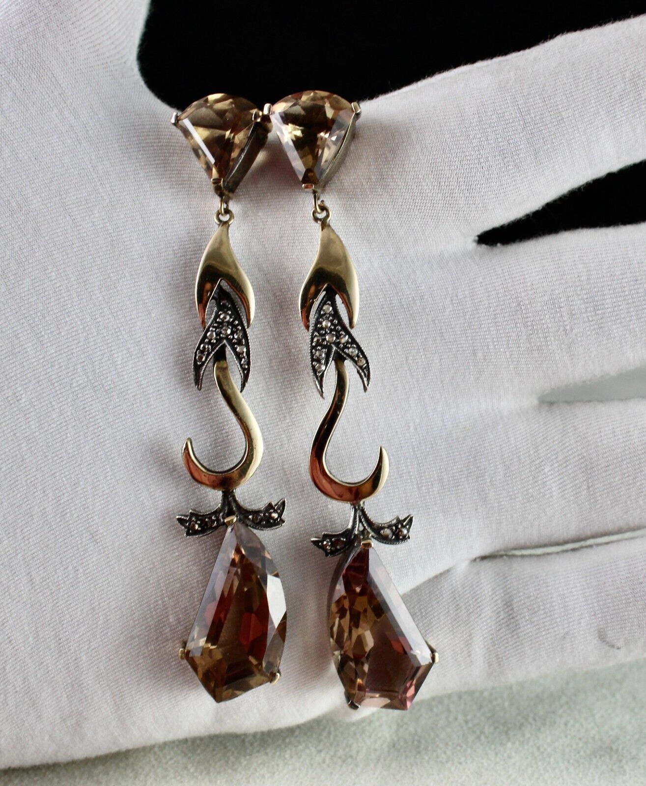 Natural Ametrine Cut 18K Gold Diamond & 925 Silver Victorian Statement Earring