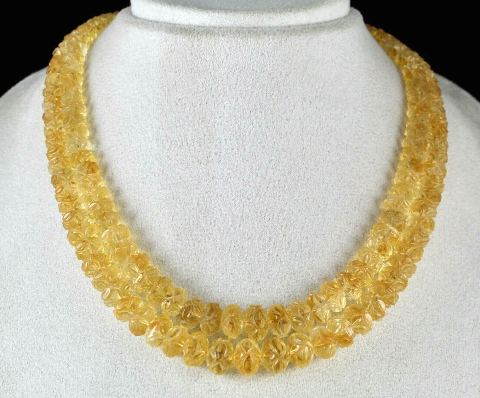 Natural Yellow Citrine Beads Carved Round 2 L 514 Ct Gemstone Vintage Necklace