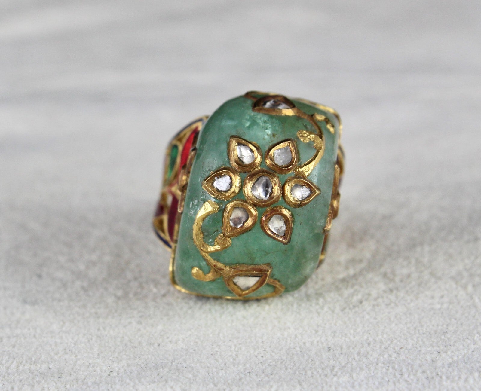 Antique Natural Colombian Emerald 10ct Diamond Kundan Meena Jadau Certified Ring