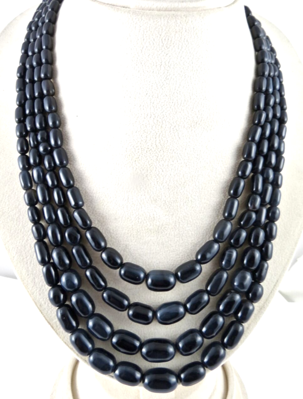 Black Onyx 830 Ct Long Tube Beaded 4 Line Sterling Silver Fashion Necklace