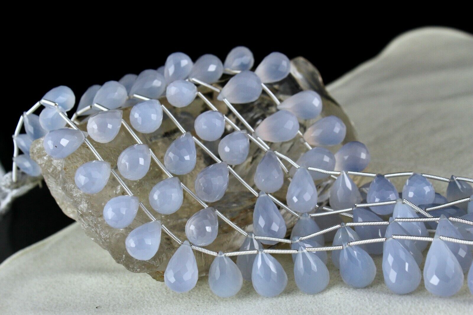 NATURAL BLUE CHALCEDONY BEADS TEARDROPS 3 LINE 814 CARATS GEMSTONE FINE NECKLACE