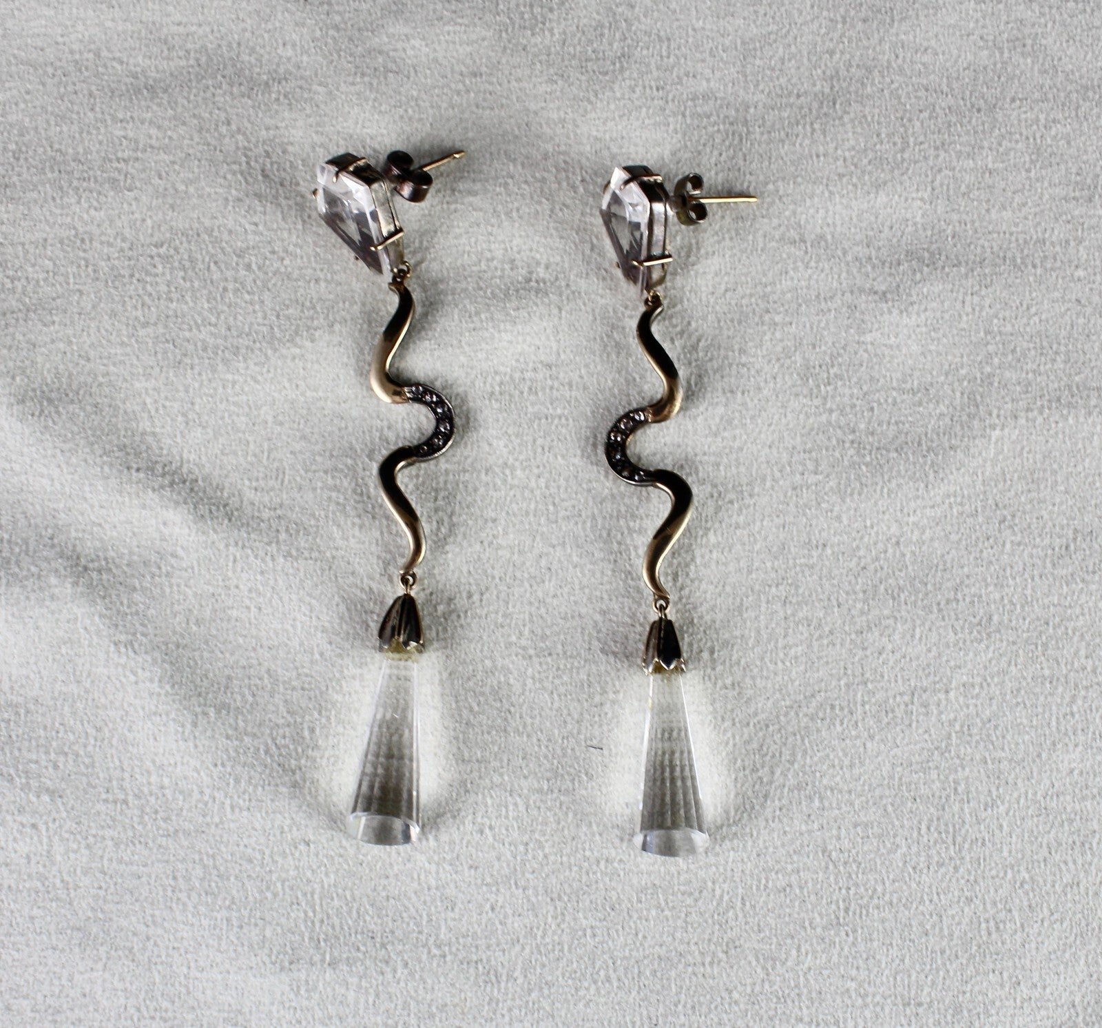 Natural Rock Crystal Quartz 75.7ct Natural Diamond 18k Gold 925 Silver Earrings