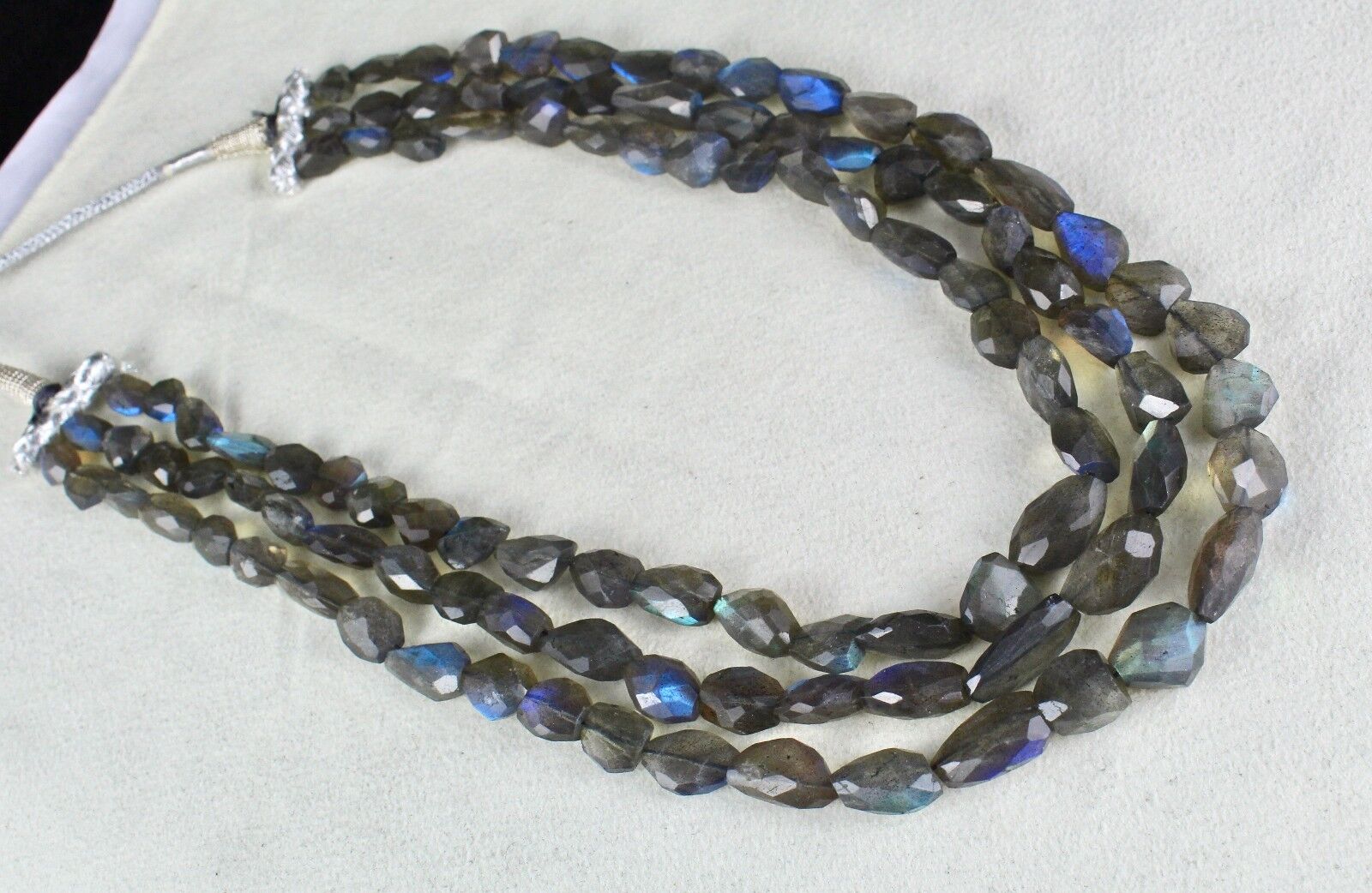 NATURAL BLACK LABRADORITE BEADS FACETED TUMBLE 3 LINE 573 CTS GEMSTONE NECKLACE