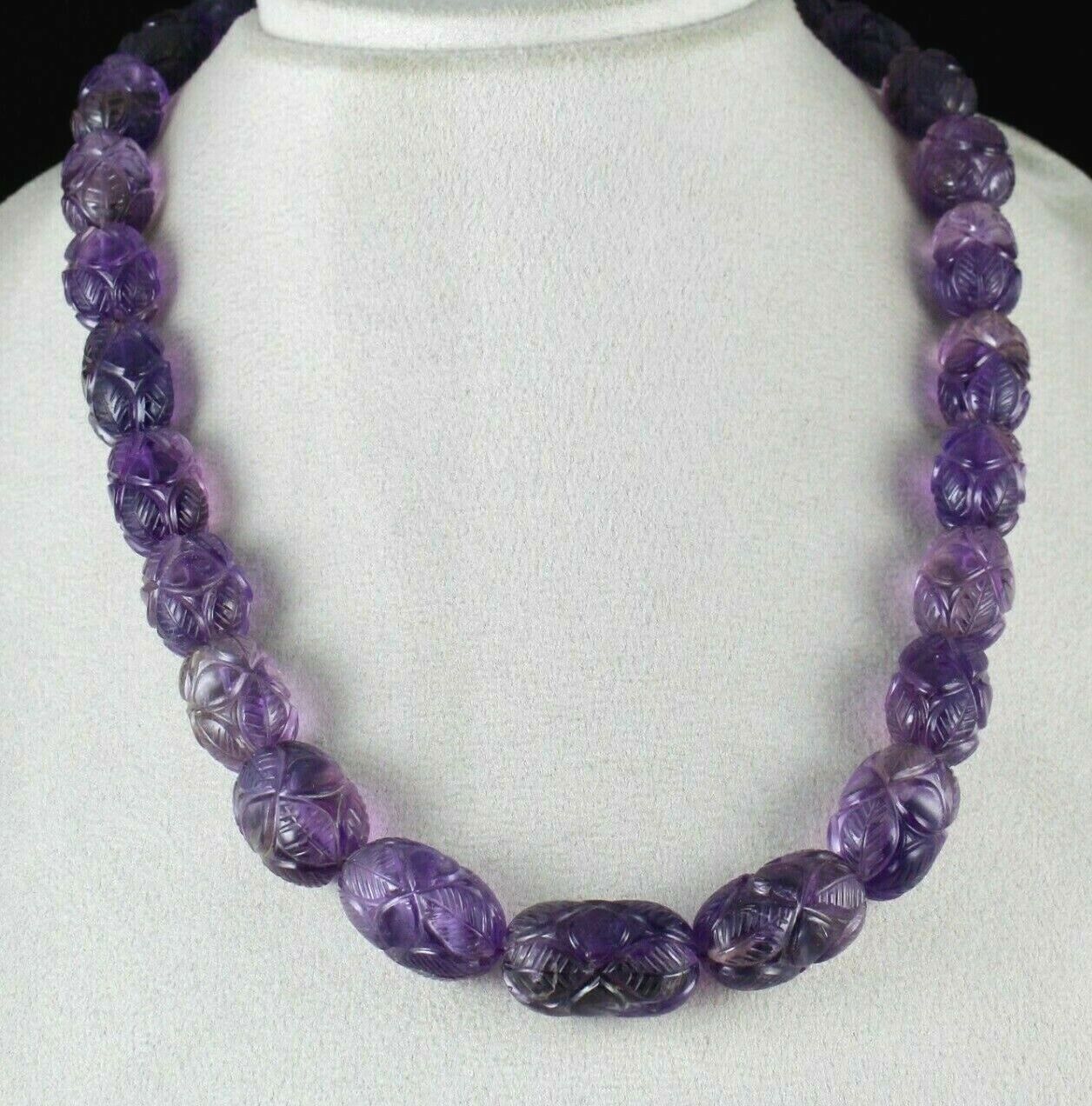 NATURAL AMETHYST ENGRAVED BEADS 955 CT PURPLE GEMSTONE SILVER VINTAGE NECKLACE