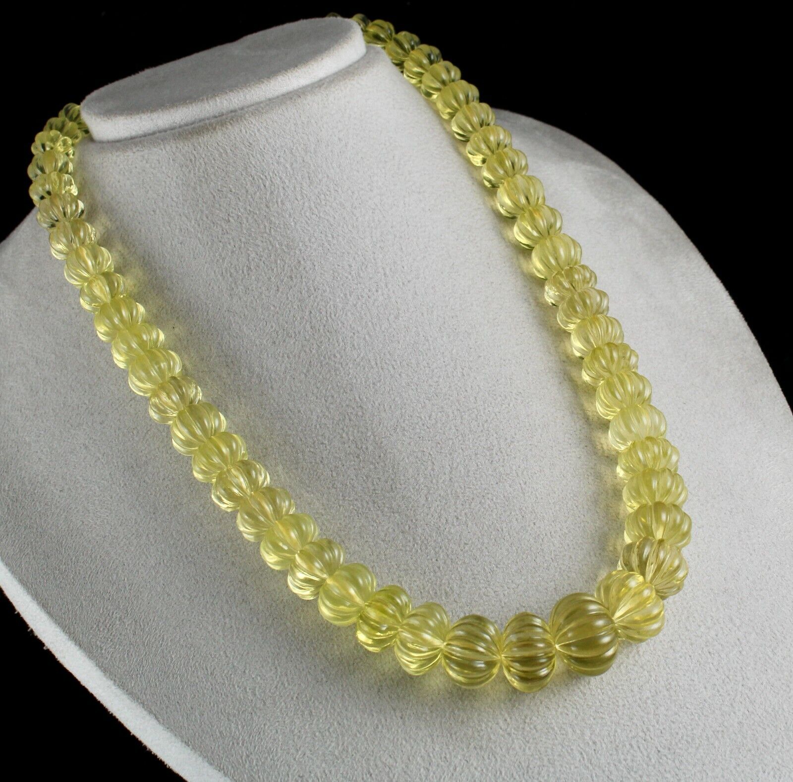 NATURAL LEMON QUARTZ BEADS MELON CARVED 820 CTS SEMI PRECIOUS GEMSTONE NECKLACE