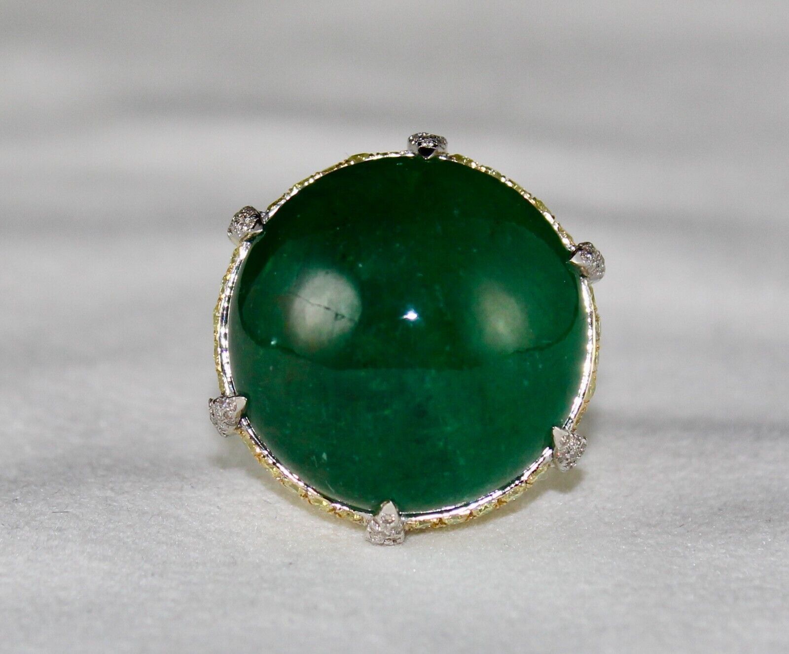 Natural Zambian Emerald Cabochon Yellow Diamond 18K Gold Gemstone Statement Ring