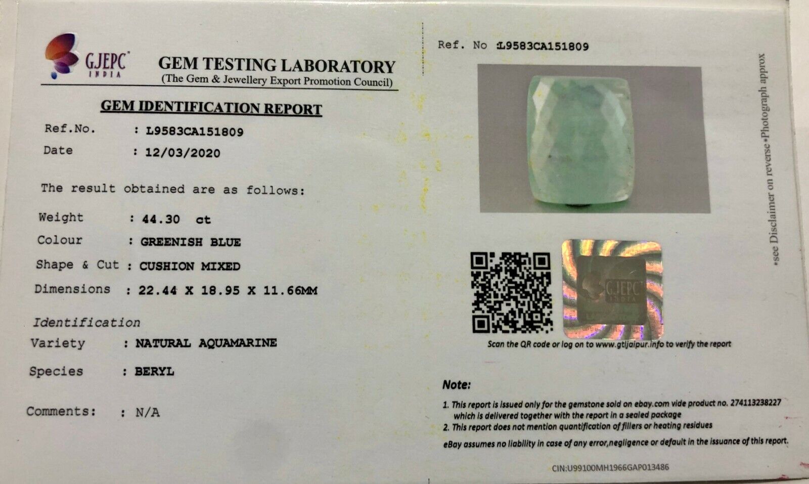 GTL CERTIFIED NATURAL BLUE AQUAMARINE CABOCHON 44.30 CTS GEMSTONE FOR PENDANT