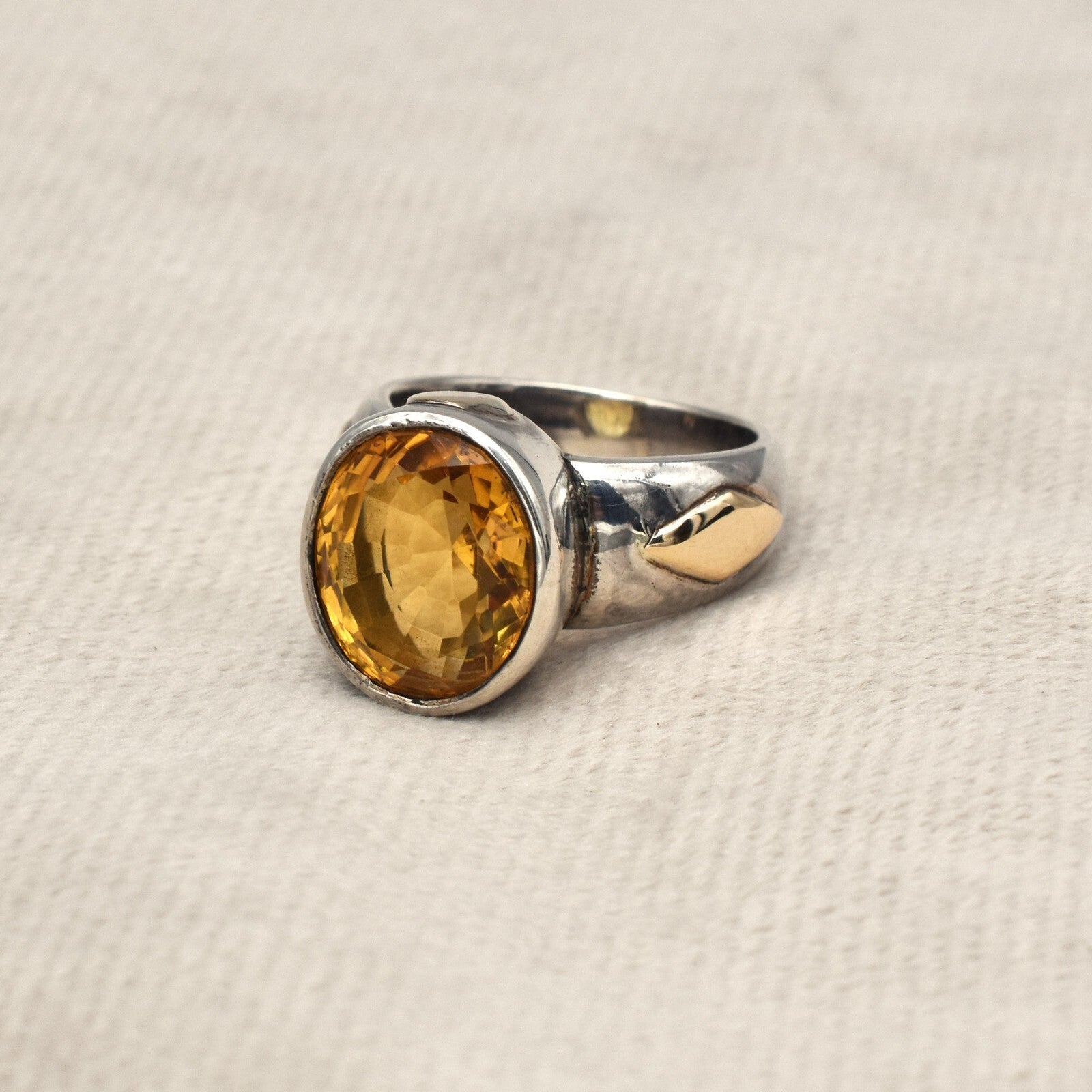 Vintage Yellow Citrine 61ct Natural Diamond 18k Gold 925 Sterling Silver Ring