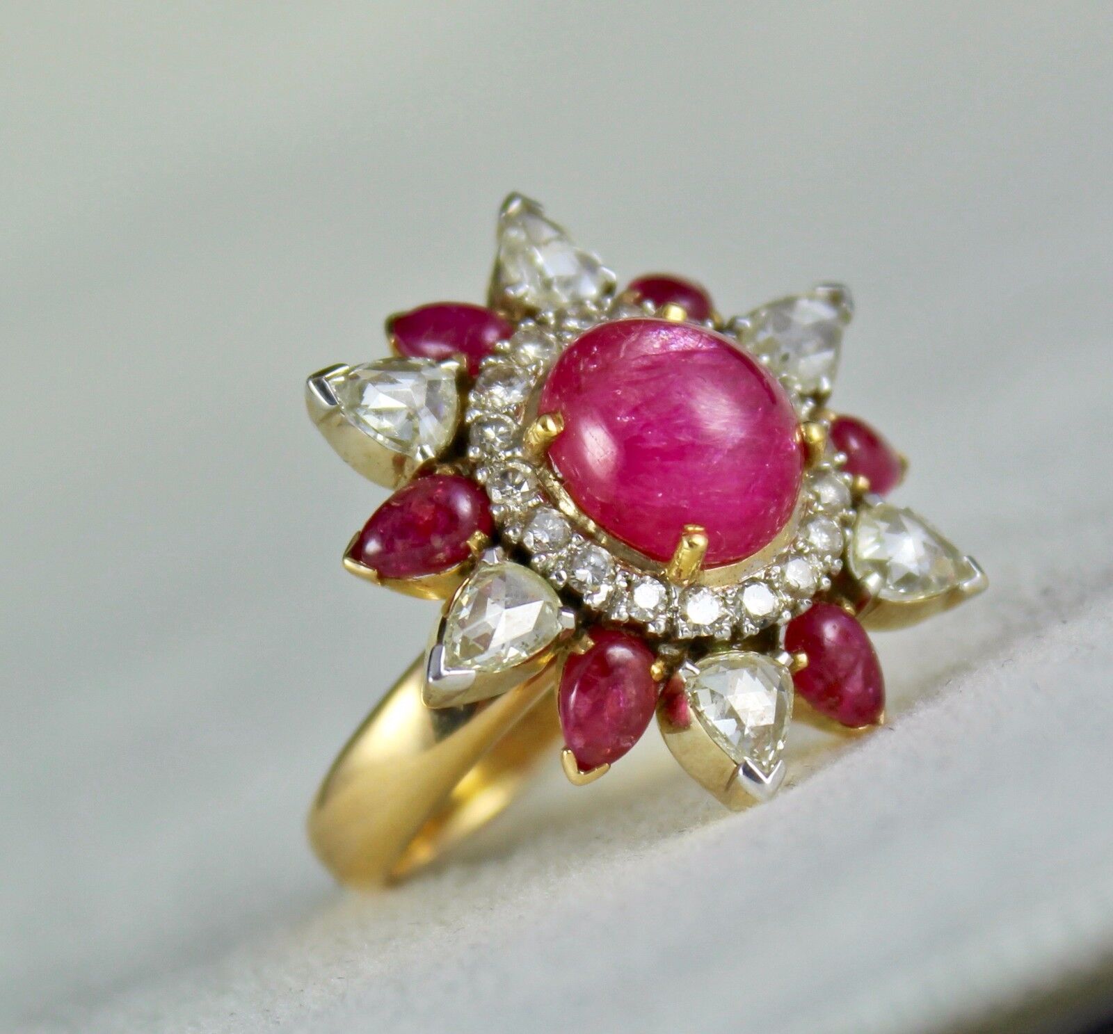 Natural Ruby Cabochon Rose Cut Diamond 18K Yellow Gold Unique Cocktail Ring