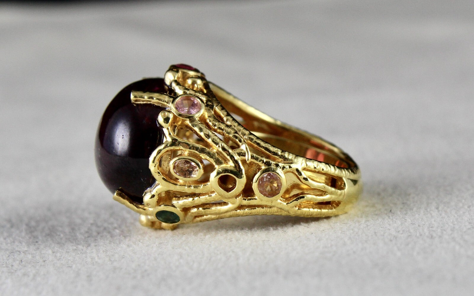 Certified Unique Pink Tourmaline 10ct Carved Sterling Silver Gold Plated Ring