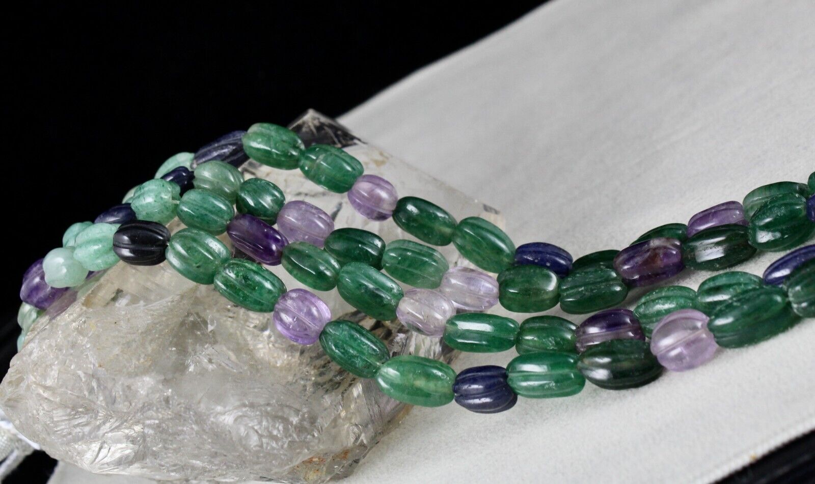 MULTI MIX CARVED SEMI-PRECIOUS BEADS 2 LINE 397 CARATS GEMSTONE FASHION NECKLACE