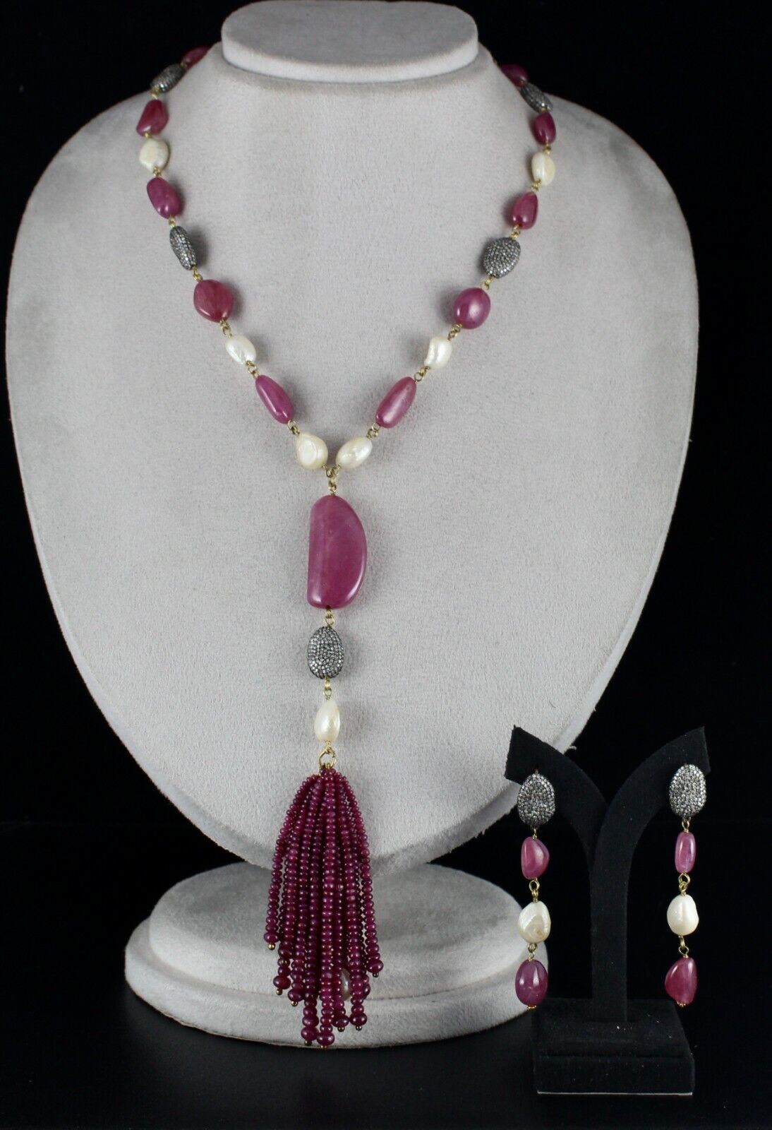 Certified Natural RUBY Nugget PEARL DIAMOND Bead Statement Necklace 18K Gold Set