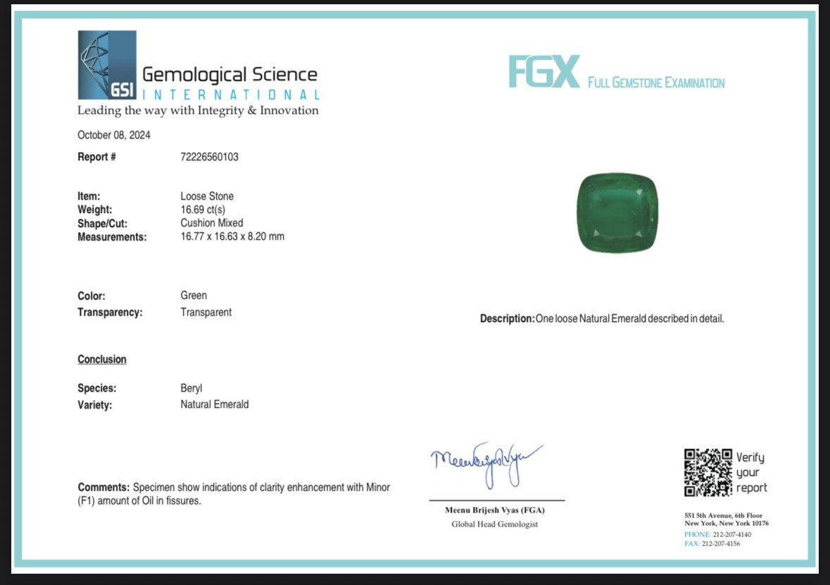 Certified Natural Emerald 16.69 Ct Cushion Cut Loose Gemstone for Ring Pendant