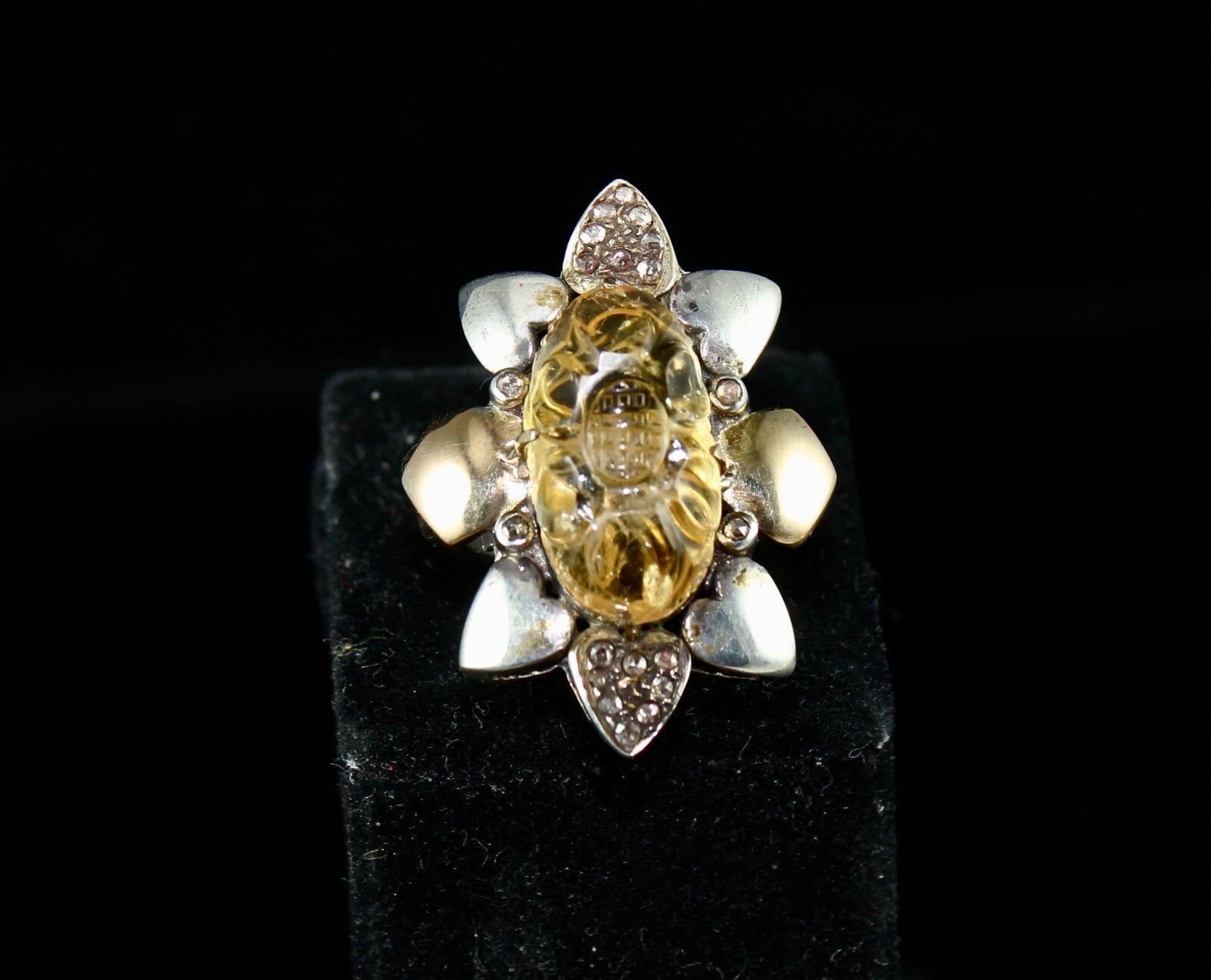 Antique Yellow Citrine 66.2ct Natural Diamond 18k Gold 925 Silver Victorian Ring