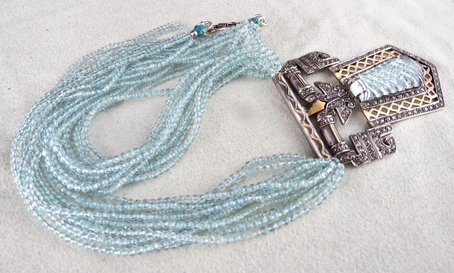 BLUE AQUAMARINE STONE & BEADS DIAMOND GOLD SILVER VICTORIAN EARRING PENDANT SET