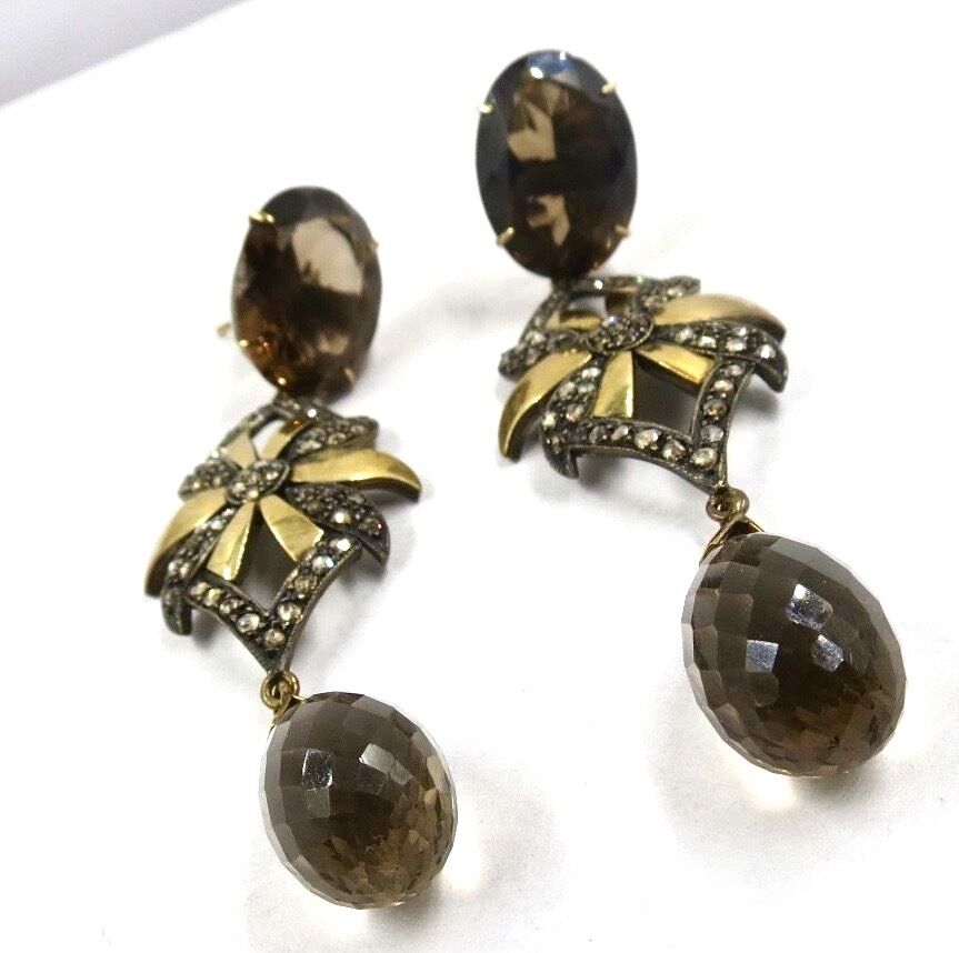 NATURAL SMOKY QUARTZ CUT GEMSTONE DIAMOND 18K GOLD VICTORIAN SILVER EARRING
