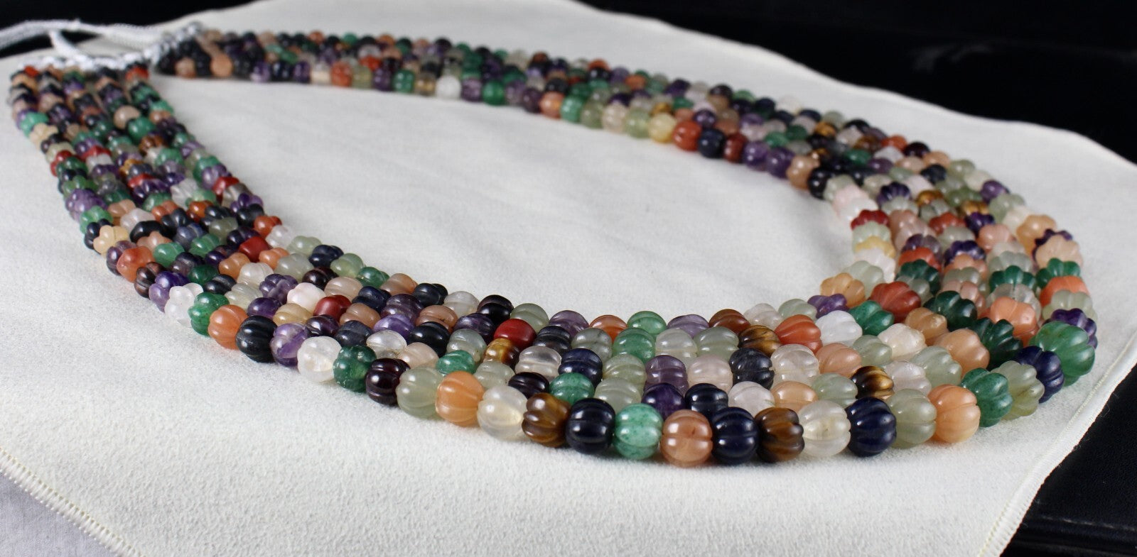 Vintage Multi Natural Semi Precious Carved Melon Beads Necklace 1360 Ct