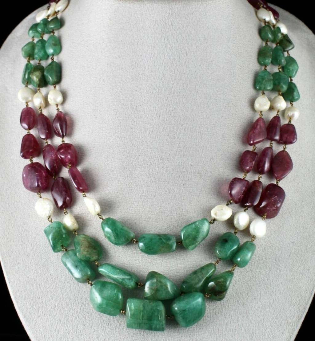 NATURAL EMERALD PINK TOURMALINE BEADS 940 CARATS PEARL 18K GOLD LADIES NECKLACE