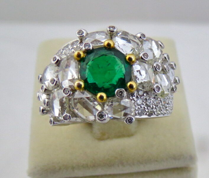 TOP NATURAL ZAMBIAN EMERALD ROUND CUT ROSE CUT DIAMOND 18K GOLD STATEMENT RING