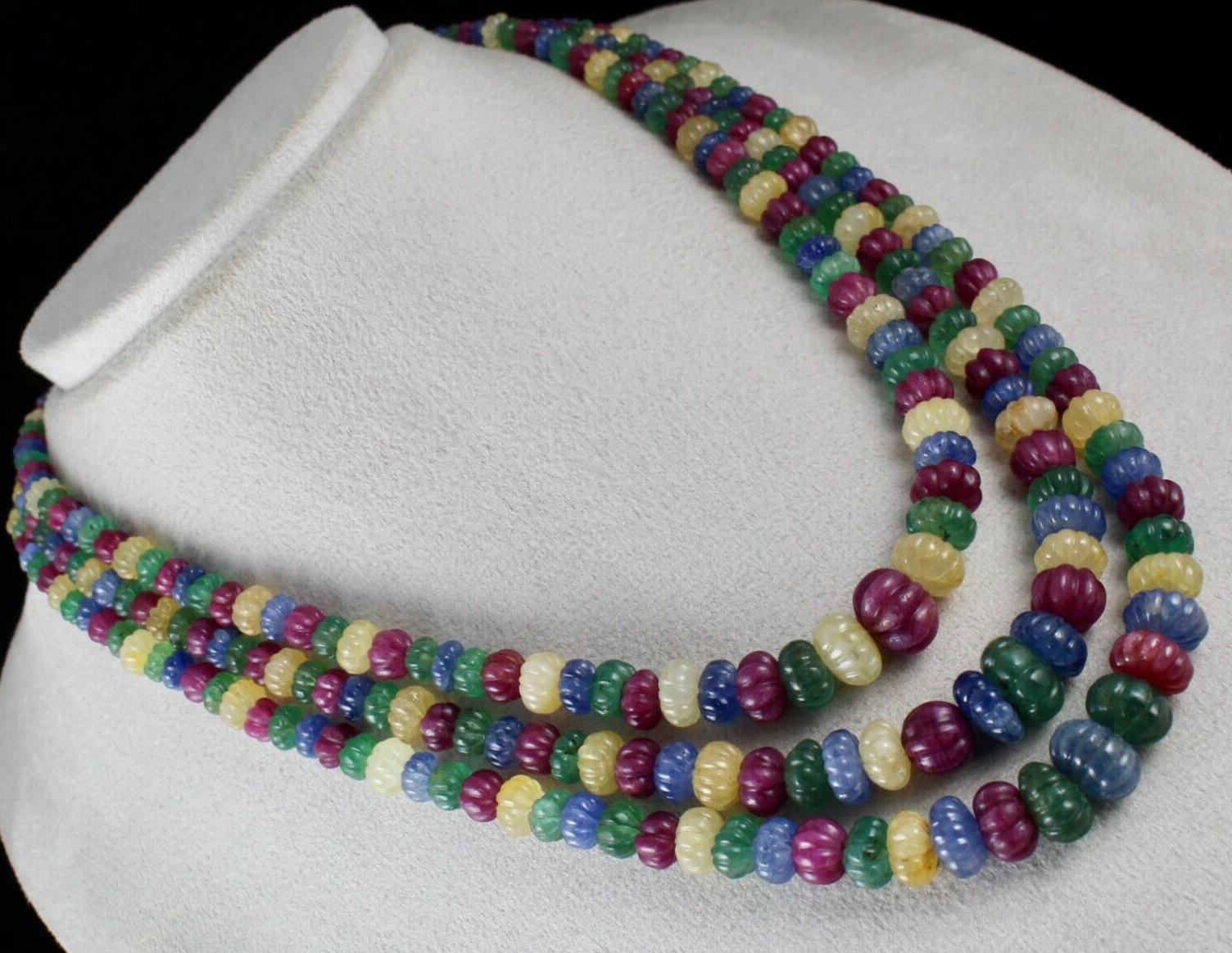 Certified Vintage Carved Emerald Ruby Sapphire Melon 973 Ct Necklace