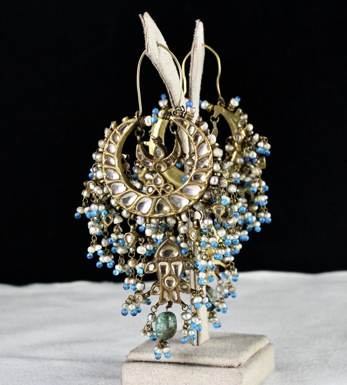 Certified Antique Jadau Chandbali Earrings 22k Gold Gemstone Pearl 10ct Dangle