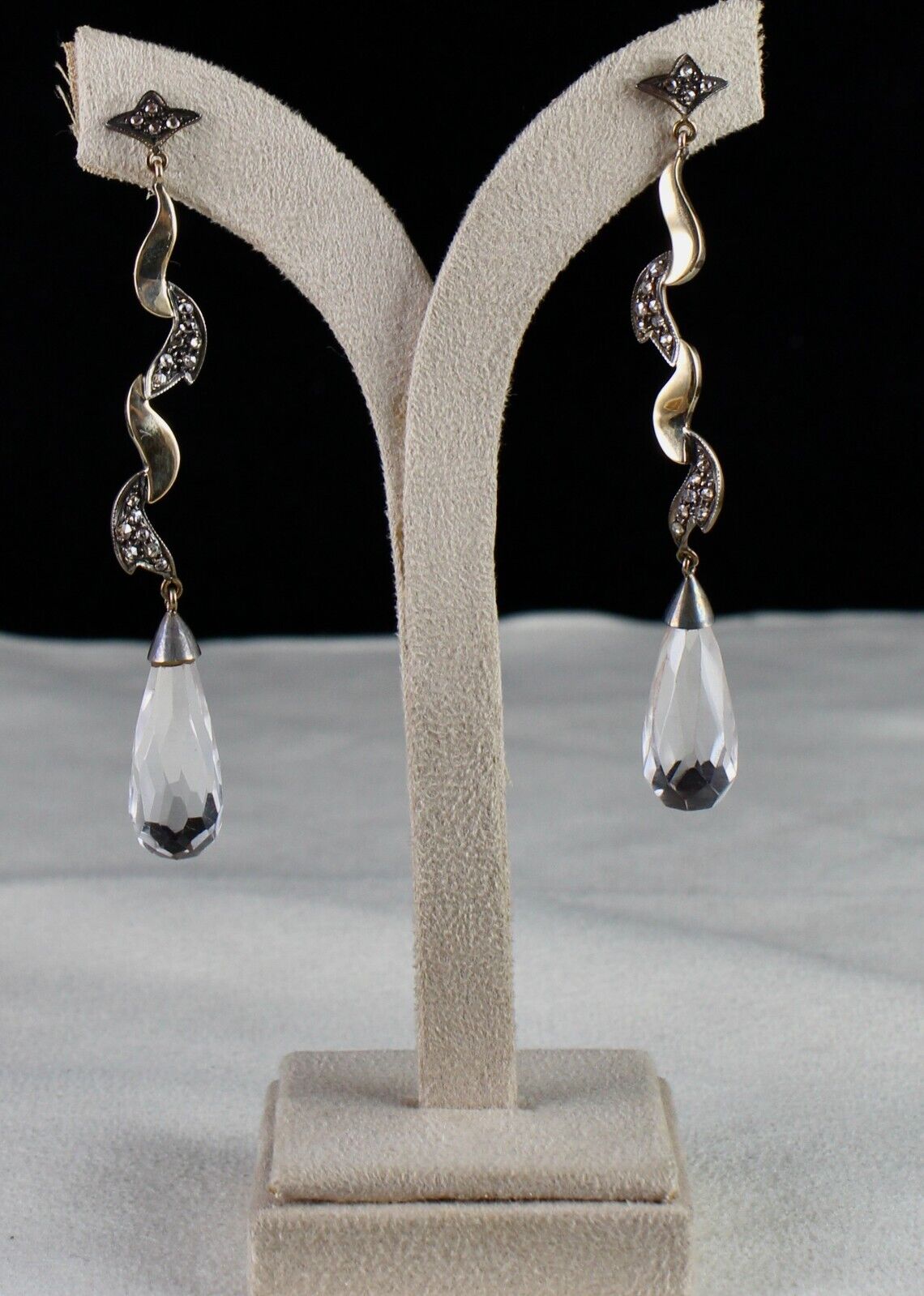 Natural Rock Crystal Quartz Cut Stone Diamond 18K Gold Victorian Silver Earring