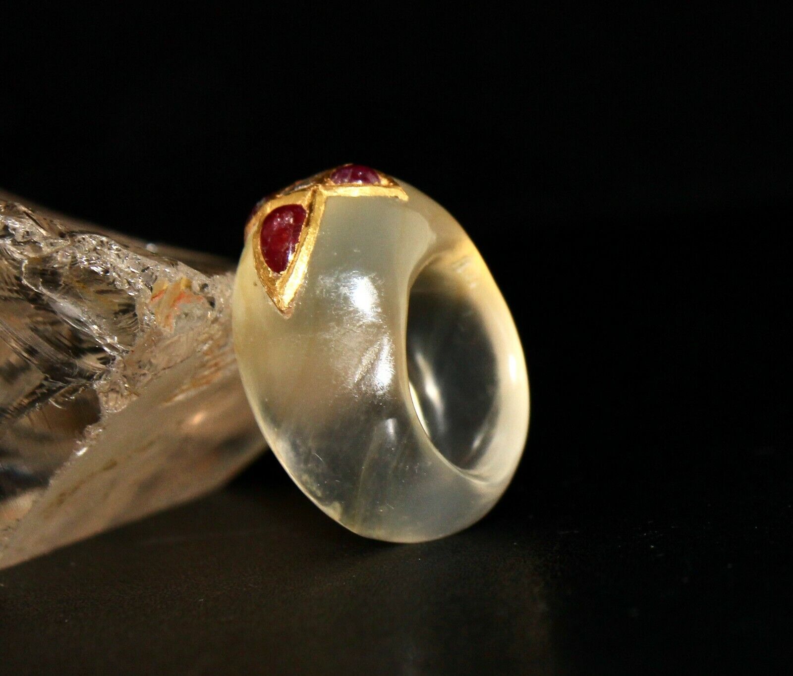 ANTIQUE YELLOW CHALCEDONY GEMSTONE RUBY DIAMOND 22K GOLD CLASSIC STONE RING