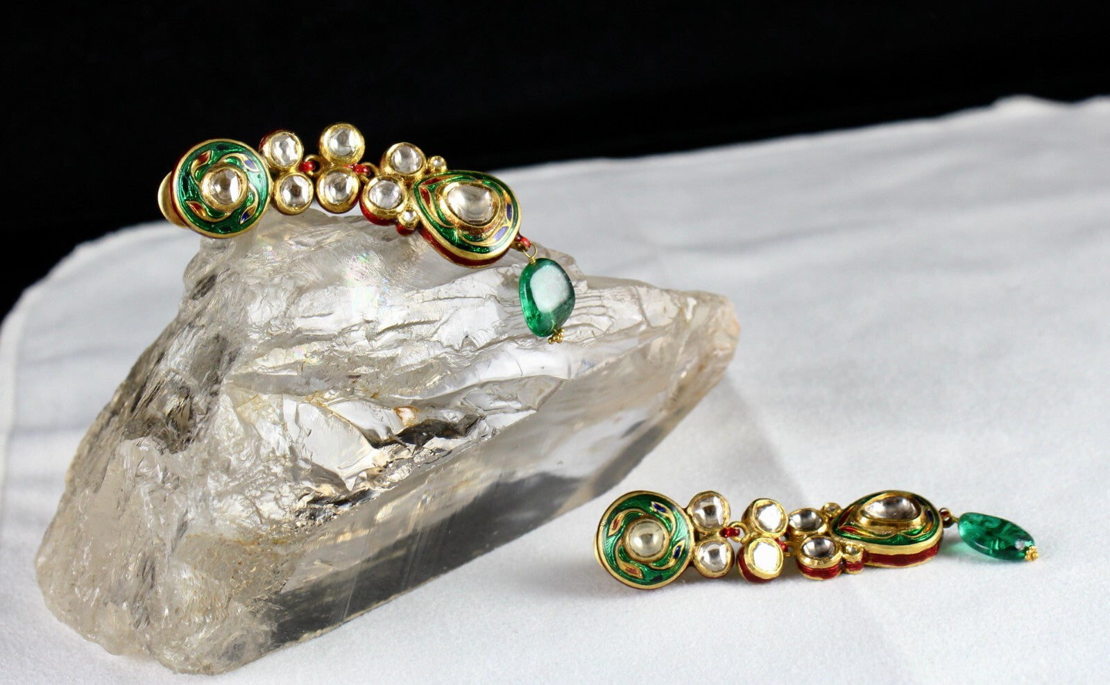 Certified Old Natural Diamond Cut Emerald 22k Gold Jadau Dangle Earrings 152.5ct