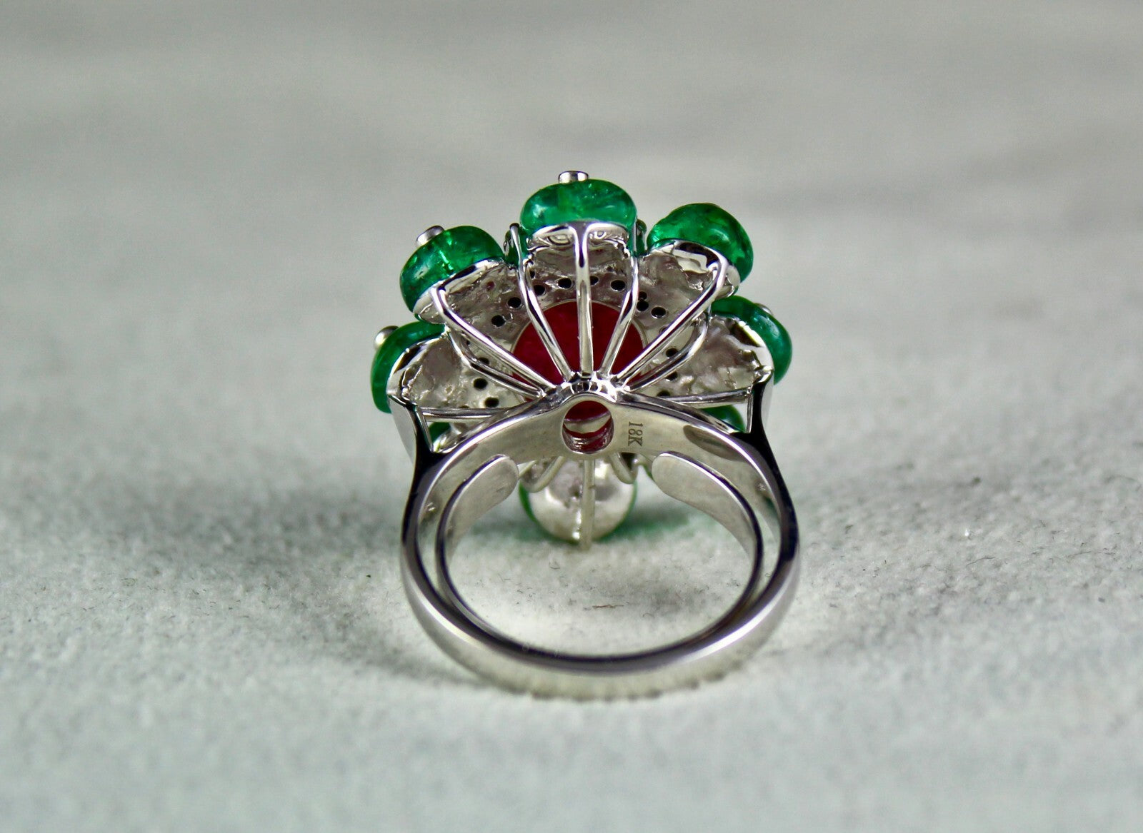 Certified Natural Burma Ruby 10ct Emerald Cabochon Natural Diamond 18k Ring