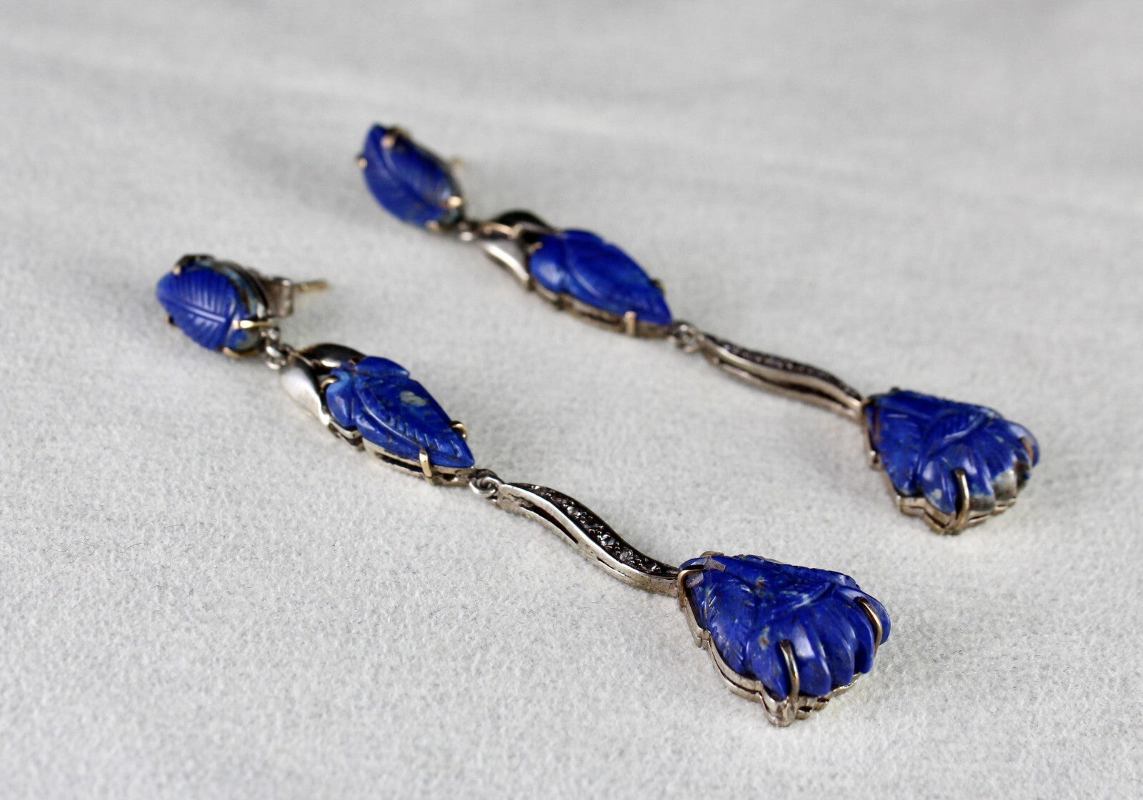 Natural Lapis Lazuli 78.85ct Leaf Diamond 18k Gold 925 Sterling Silver Earrings