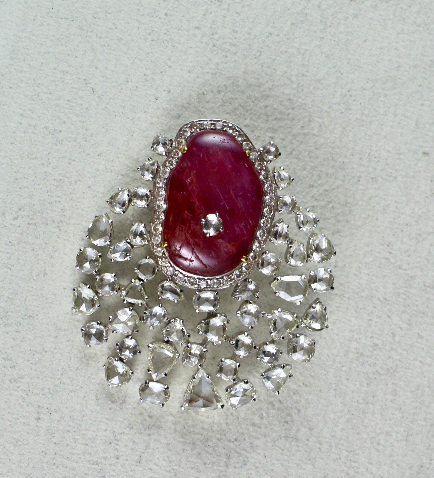 NATURAL NO HEAT BURMA RUBY CABOCHON ROSE CUT DIAMOND 18K GOLD PENDANT BROOCH