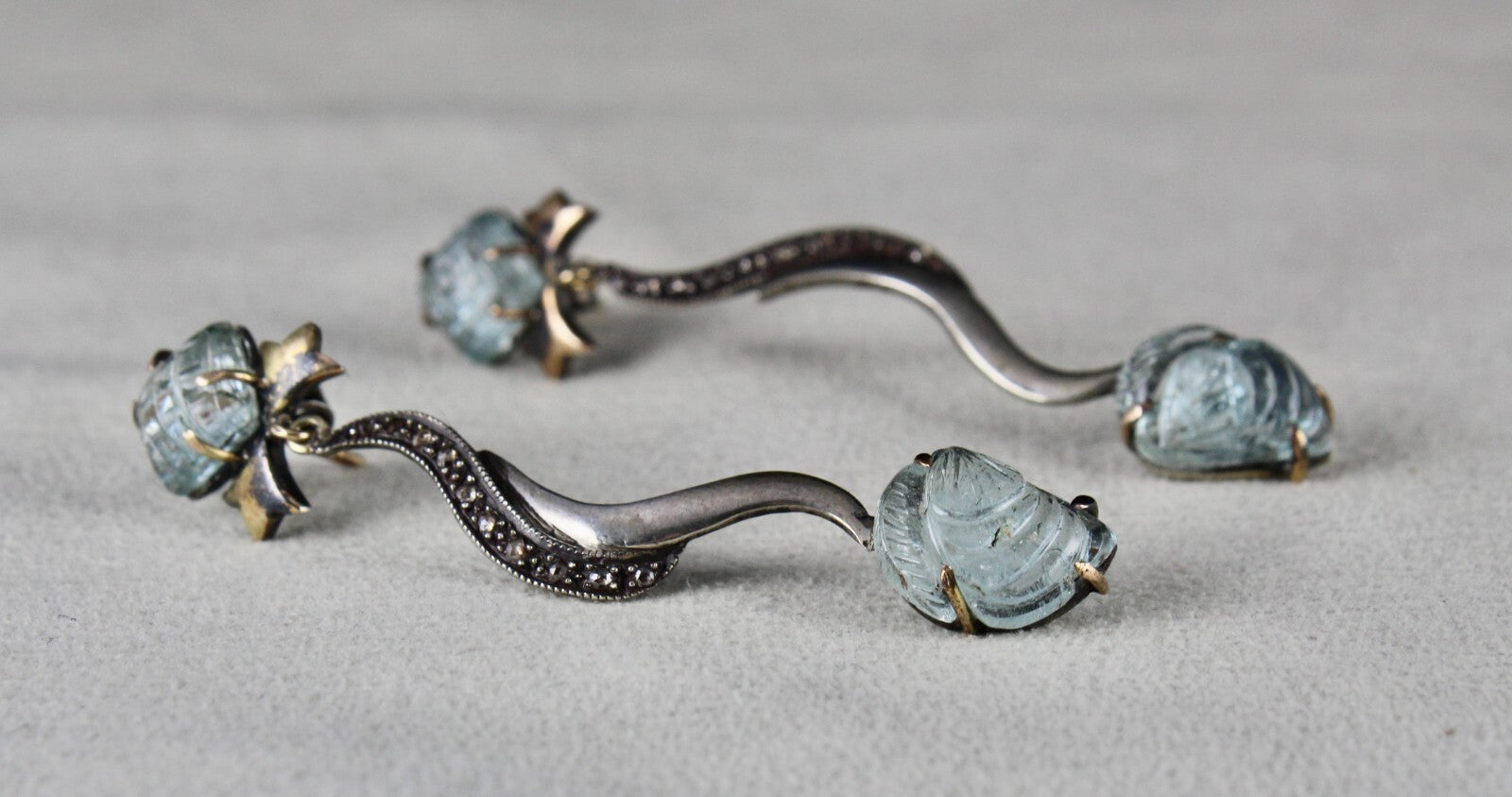 Natural Blue Aquamarine 10ct Carved Natural Diamond 18k Gold 925 Silver Earrings
