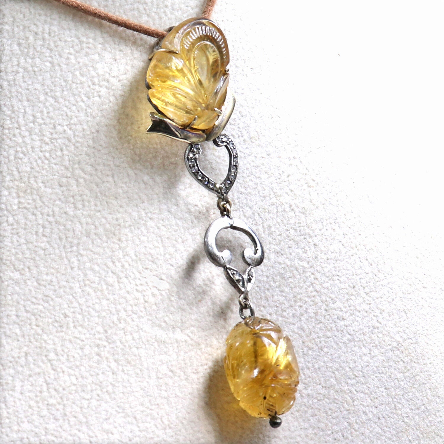 Natural Citrine Carved Diamond 18K Gold 925 Silver Victorian Gemstone Pendant
