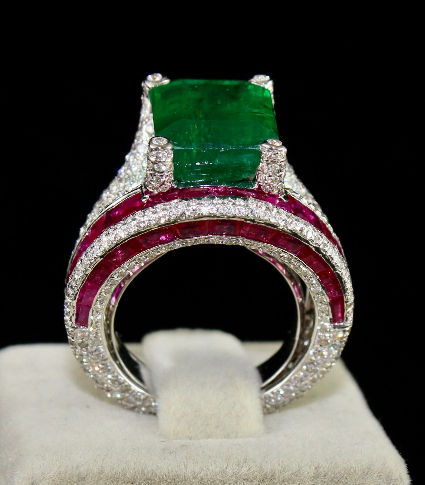 Zambia Emerald Octagon Ruby Cut Diamond Cocktail Ring, 18K Gold Statement Ring