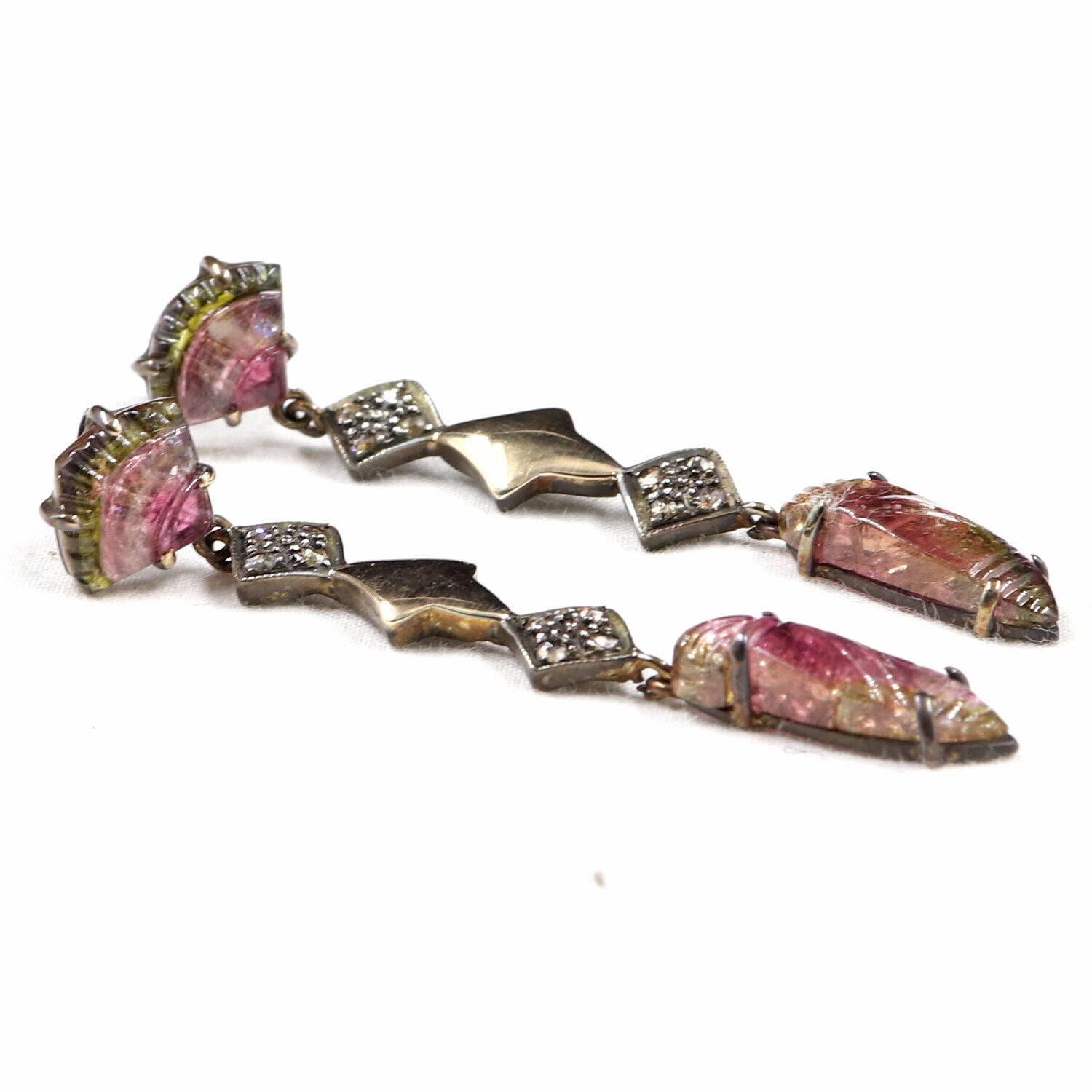 Estate Natural Multi Tourmaline Carved Diamond 18K Gold Silver Victorian Earring
