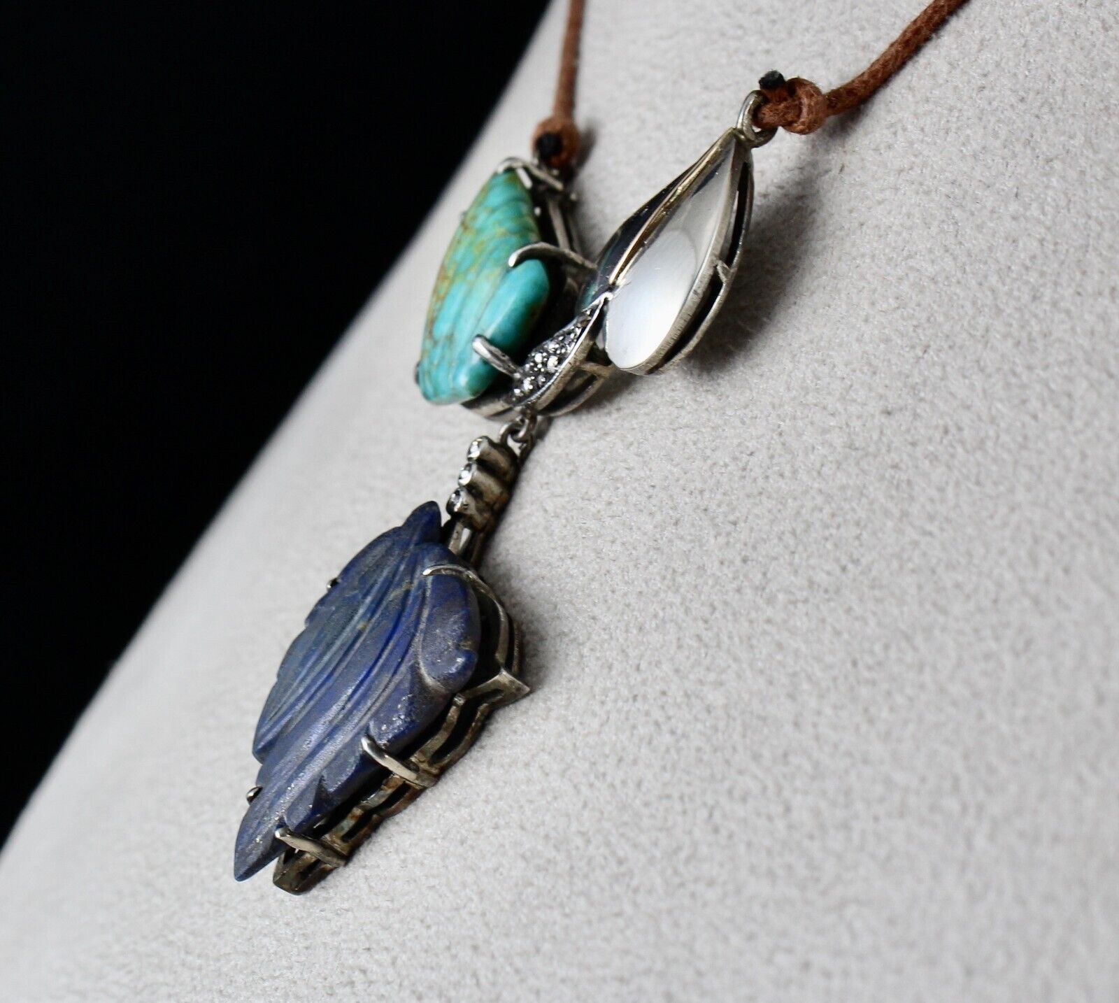 TURQUOISE LAPIS LAZULI CARVED LEAF DIAMOND VICTORIAN 925 SILVER & GOLD PENDANT