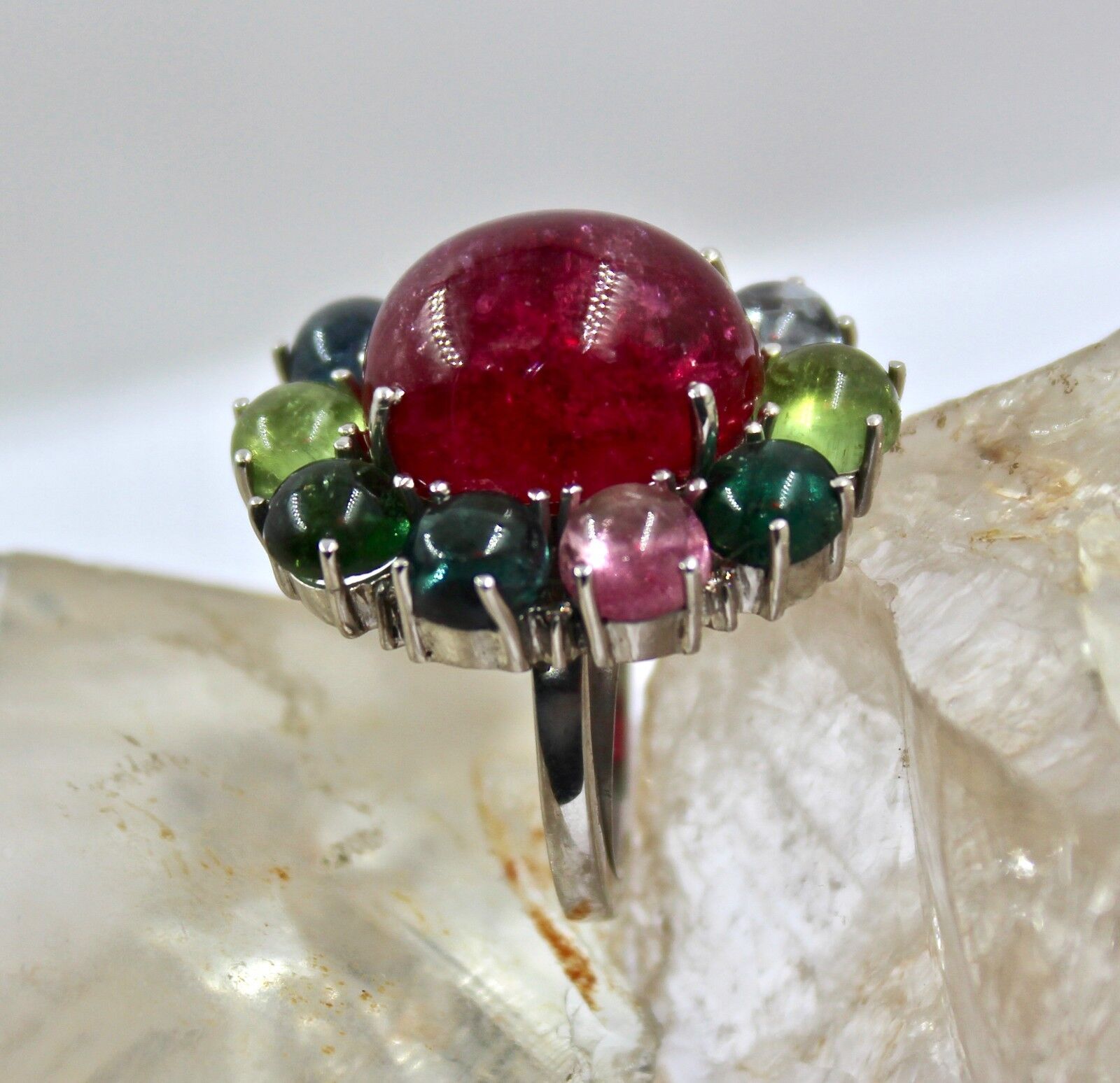 MULTI WATERMELON TOURMALINE CABOCHON DIAMOND 925 SILVER LADIES COCKTAIL RING